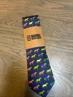 Barrel Down South Navy Tie with Multicolor Horse Motif